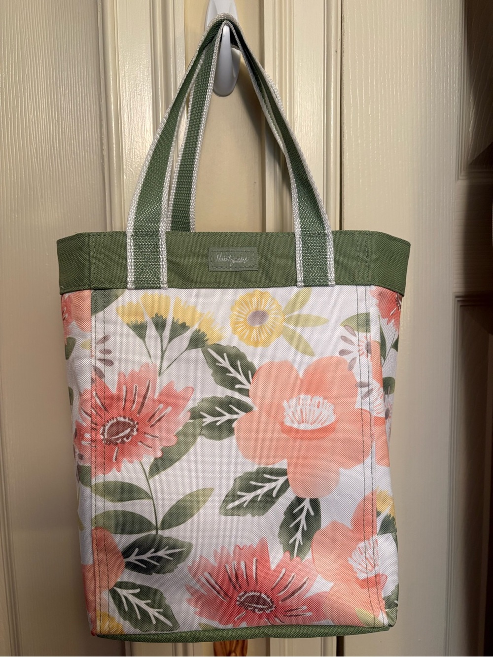 Floral Canvas Tote Bag - Peach & Green